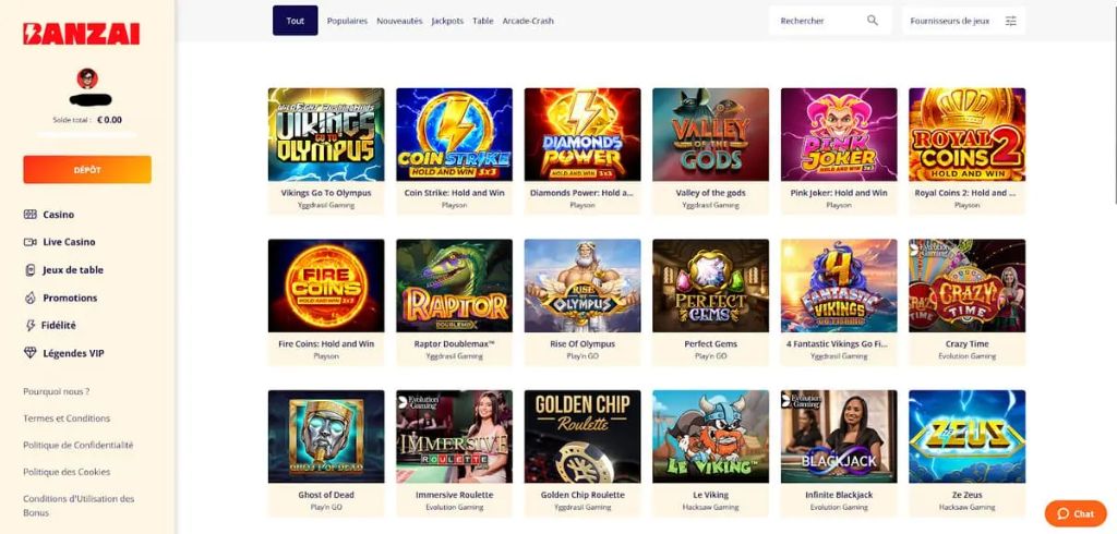 Interface du lobby de jeux Banzai Casino avec machines à sous populaires et catégories de jeux
